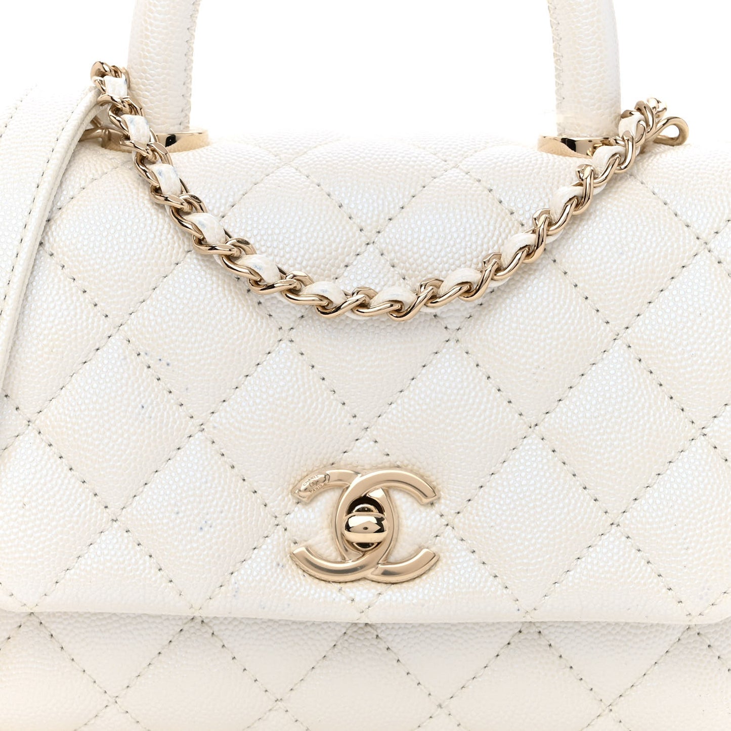 Iridescent Caviar Quilted Extra Mini Coco Handle Flap White