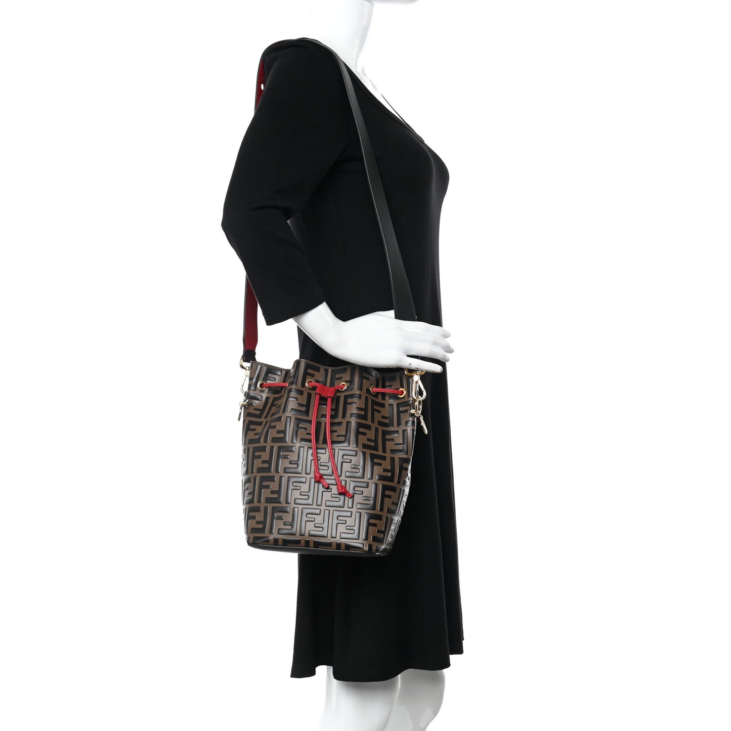 Vitello Grace F is Fendi Bi-Color FF 1974 Embossed Grande Mon Tresor Bucket Bag Maya Black Fragola