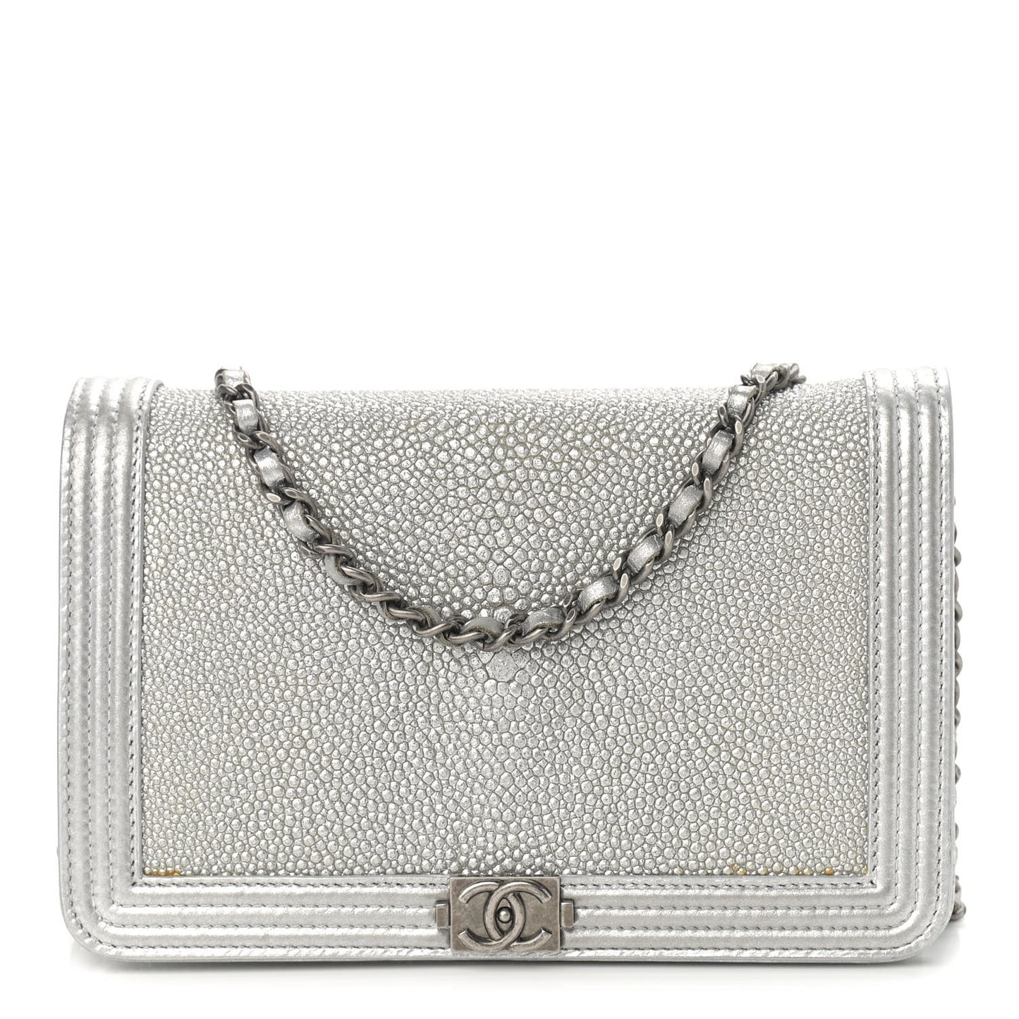 Metallic Galuchat Stingray Lambskin Boy Wallet On Chain WOC Silver