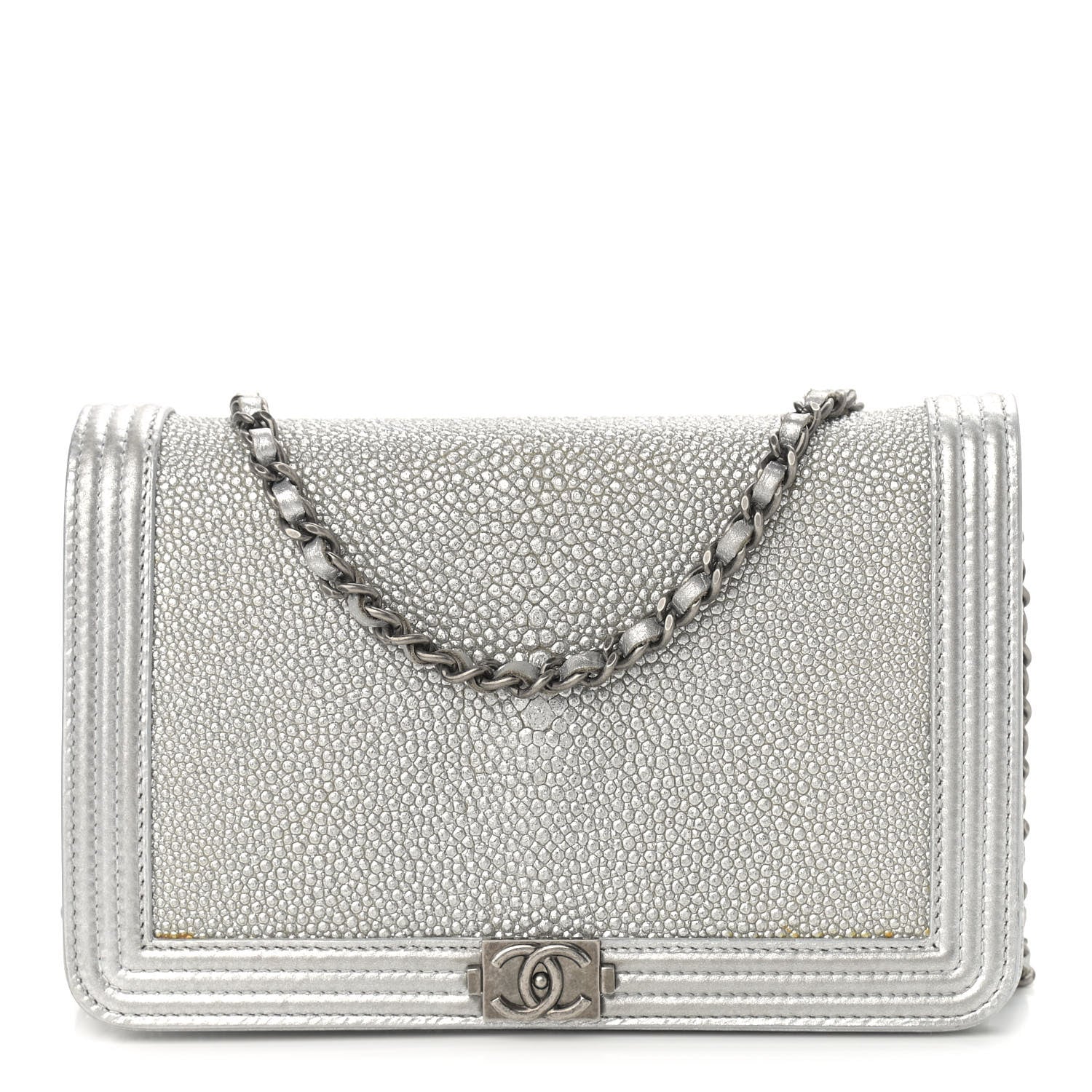 Chanel Metallic Galuchat Stingray Lambskin Boy Wallet On Chain WOC Silver 1 of 14