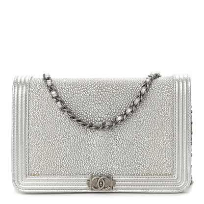 Chanel Metallic Galuchat Stingray Lambskin Boy Wallet On Chain WOC Silver 1 of 14