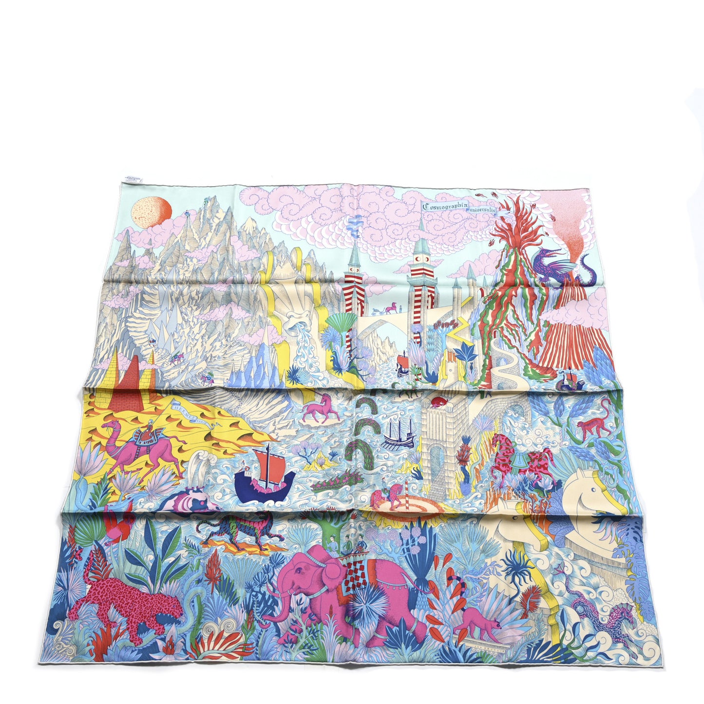 Silk Cosmographia Universalis Scarf 90 Turquoise Jaune Rose