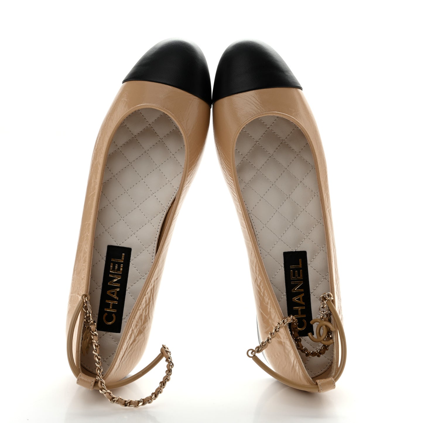 Lambskin Cap Toe Ankle Chain Ballerina Flats 41 Beige Black