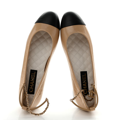 Chanel Lambskin Cap Toe Ankle Chain Ballerina Flats 41 Beige Black 2 of 12