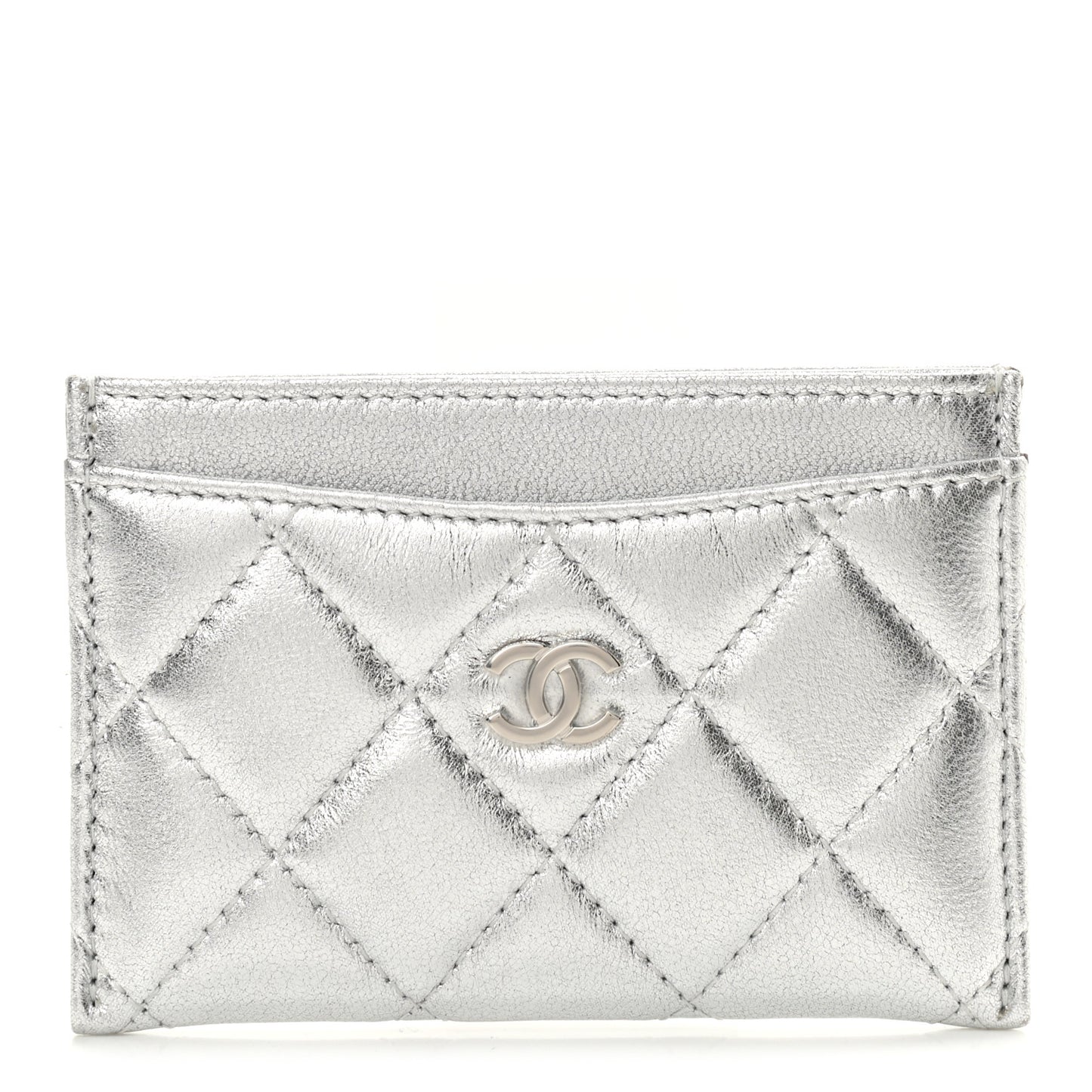 Metallic Lambskin Quilted Card Holder Silver
