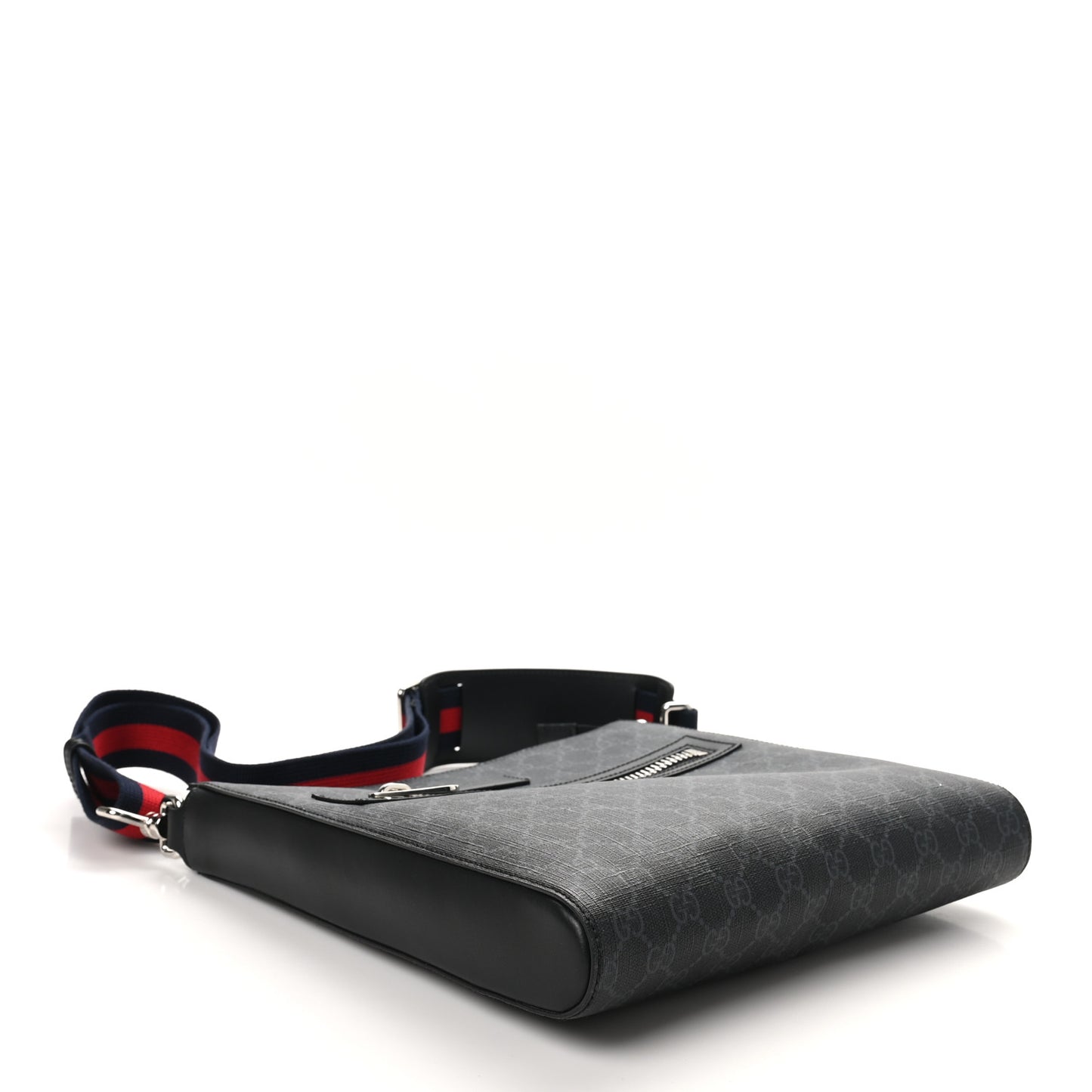 GG Supreme Monogram Appia Calfskin Web Flat Messenger Bag Black Grey