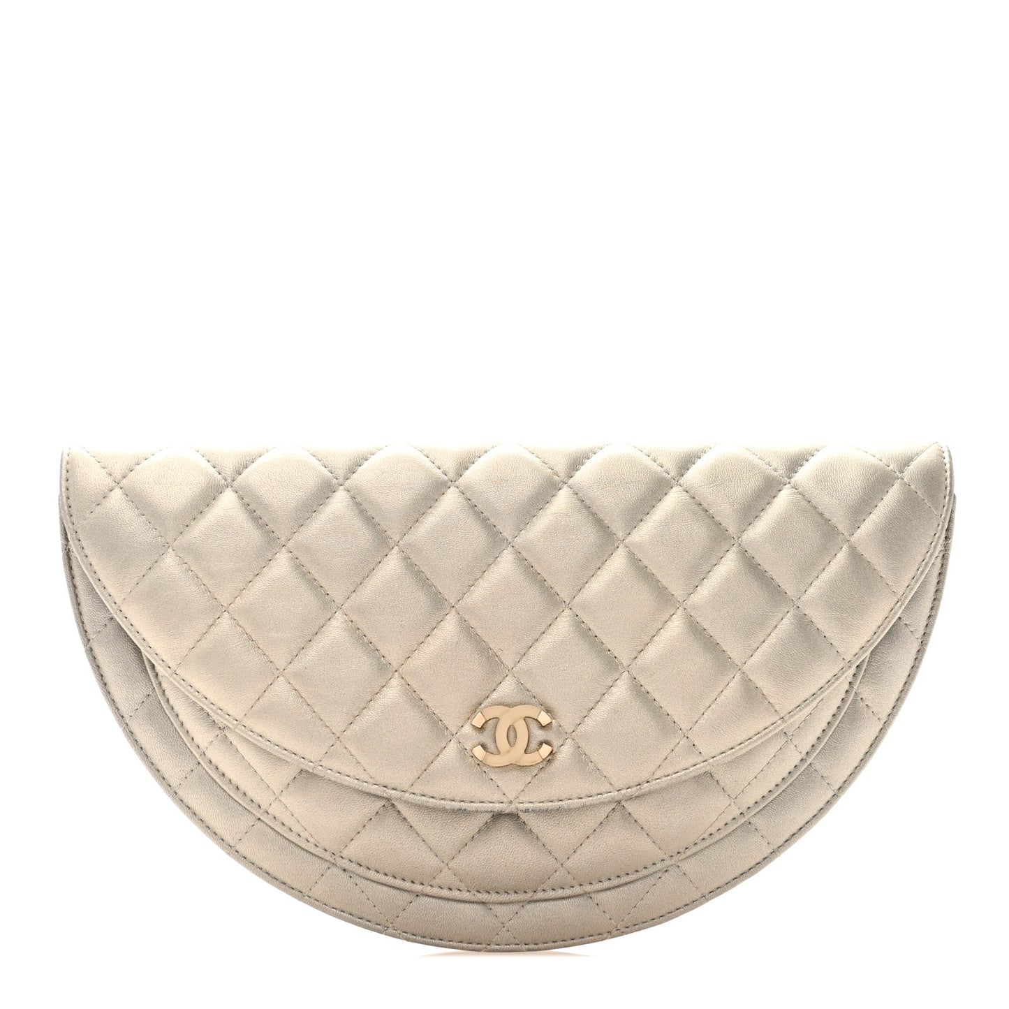 Metallic Lambskin Quilted Half Moon Clutch Gold