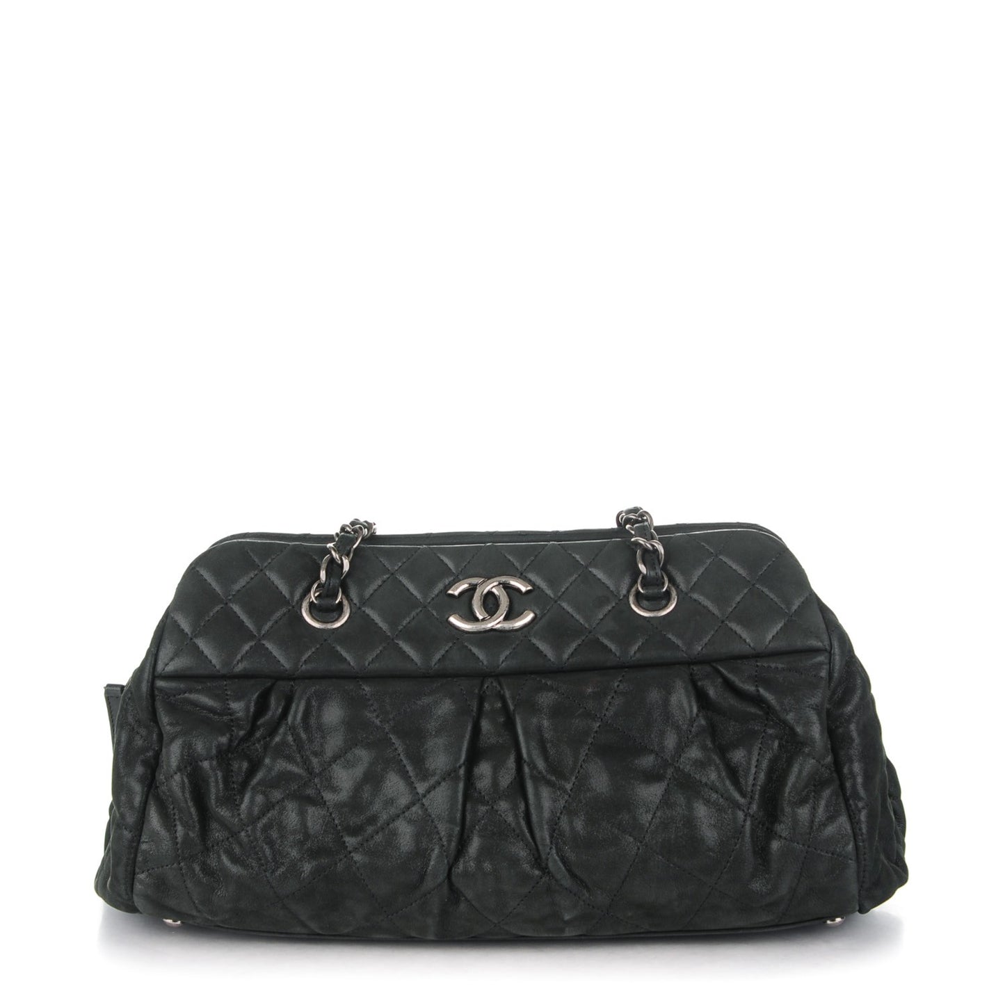 Iridescent Calfskin Chic Quilt Bowling Bag Black