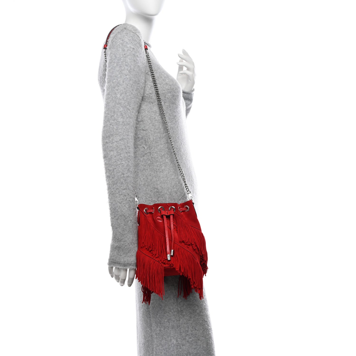 Christian Louboutin Suede Calfskin Fringe Marie Jane Bucket Red 2 of 13