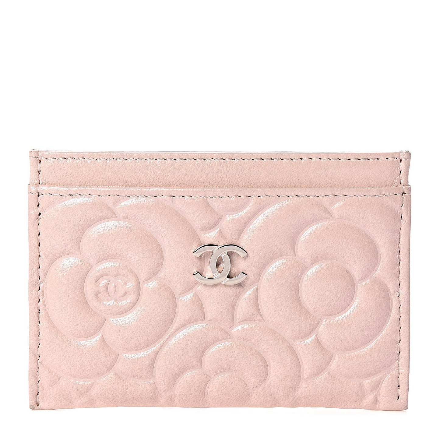 Lambskin Camellia Embossed Card Holder Nude