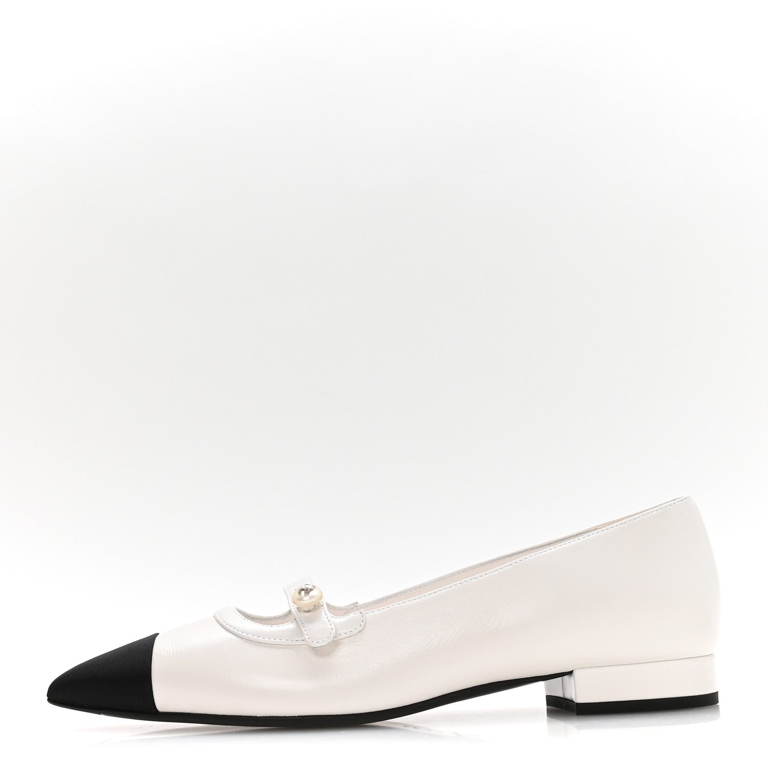 Chanel Shiny Lambskin Grosgrain Pearl Mary Janes Flats 38 White Black 1 of 9