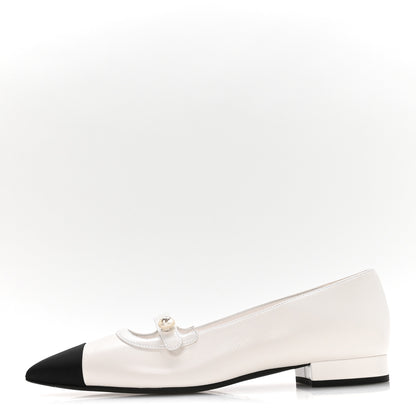 Chanel Shiny Lambskin Grosgrain Pearl Mary Janes Flats 38 White Black 1 of 9