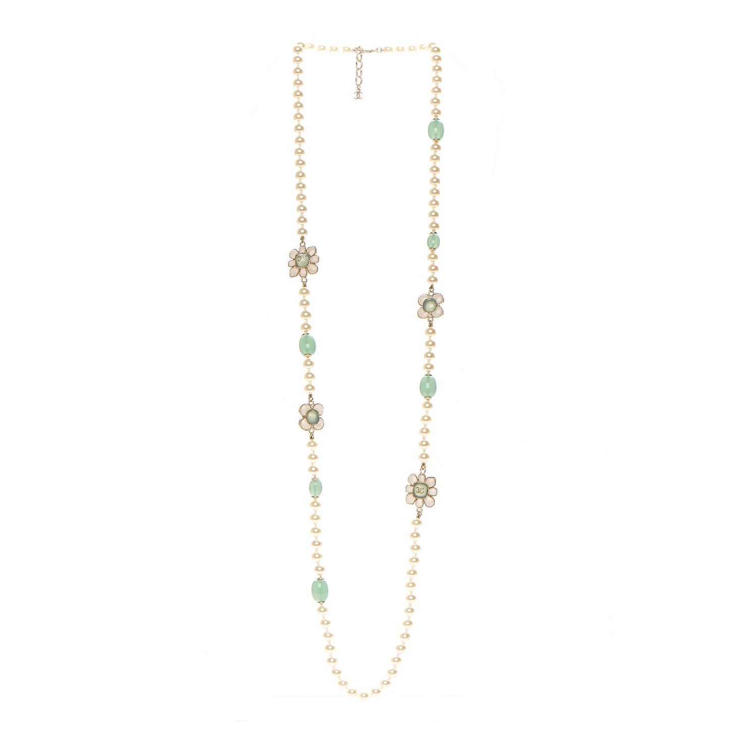 Pearl Gripoix Poured Glass Long Necklace Gold Green White
