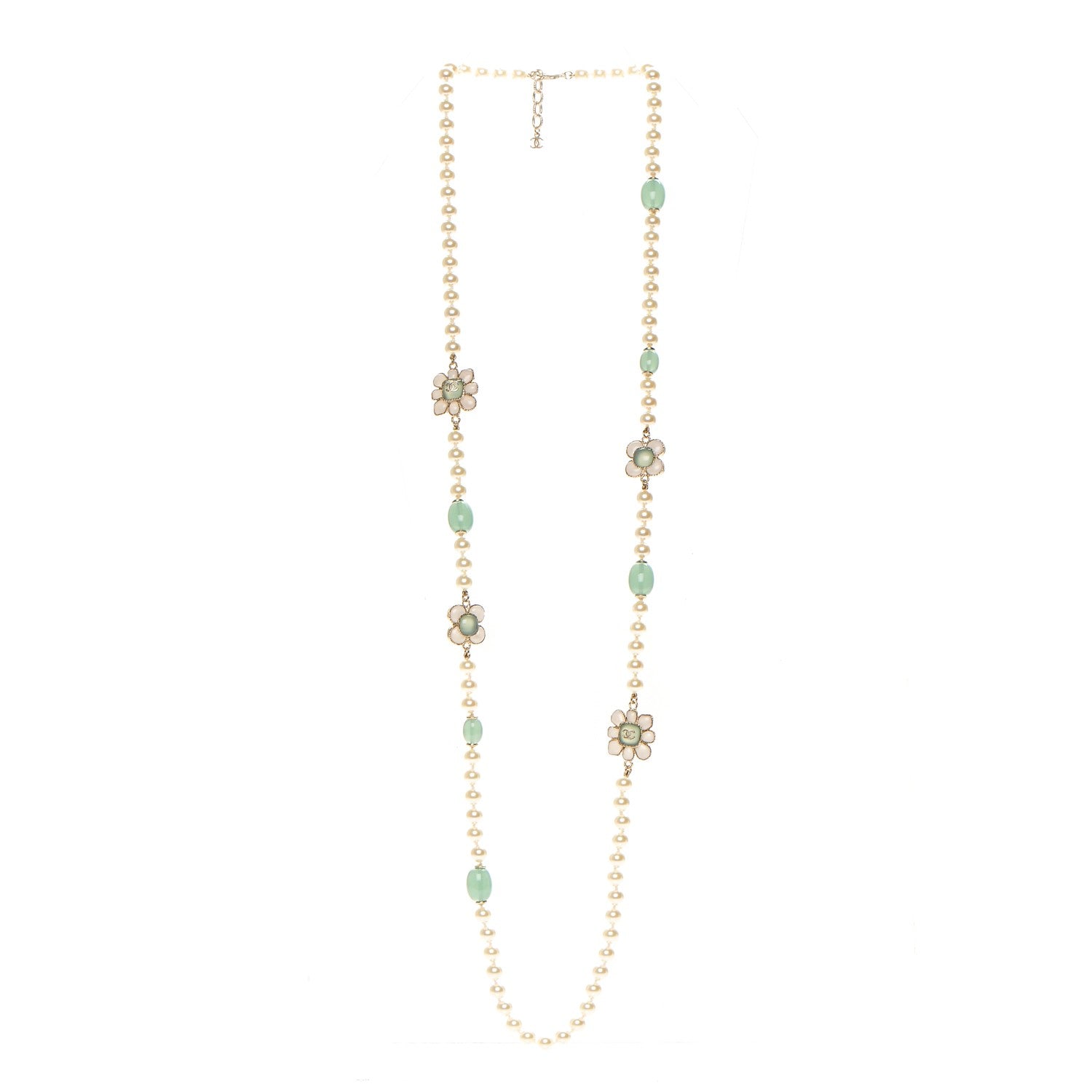 Chanel Pearl Gripoix Poured Glass Long Necklace Gold Green White 3 of 4