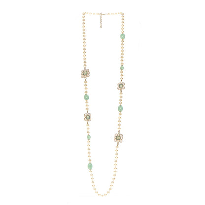 Chanel Pearl Gripoix Poured Glass Long Necklace Gold Green White 3 of 4