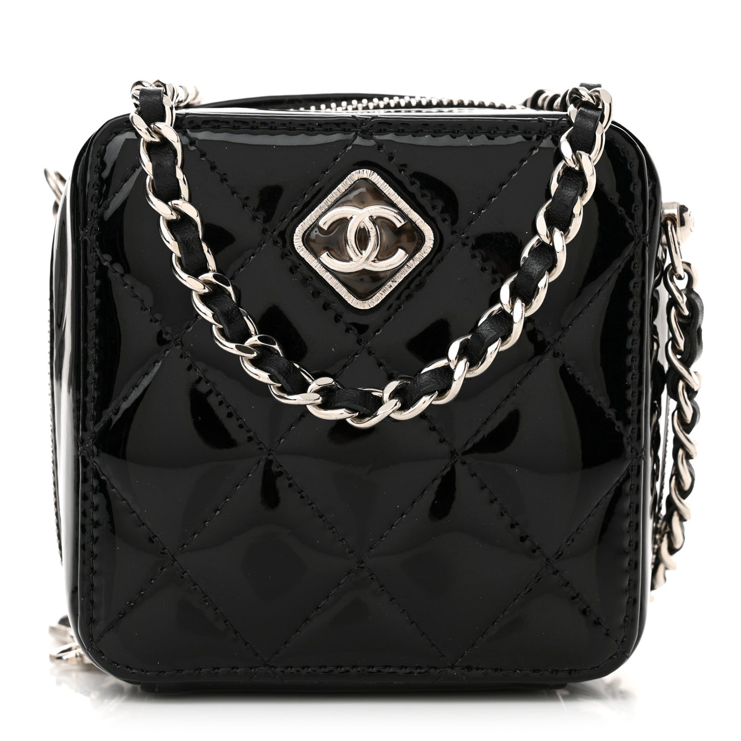 Patent Quilted Clutch With Chain Black