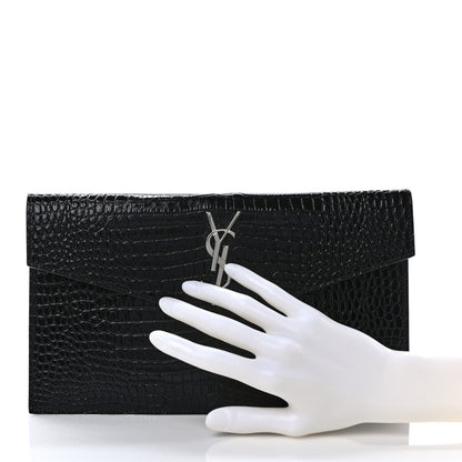 Saint Laurent Calfskin Crocodile Embossed Uptown Monogram Clutch Black 2 of 6