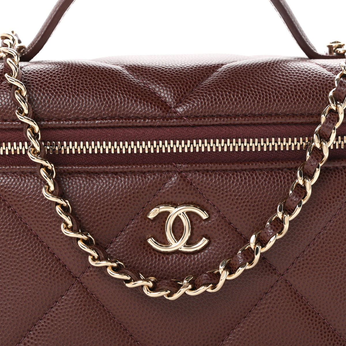 Caviar Quilted Top Handle Slim Vanity With Chain Dark Brown