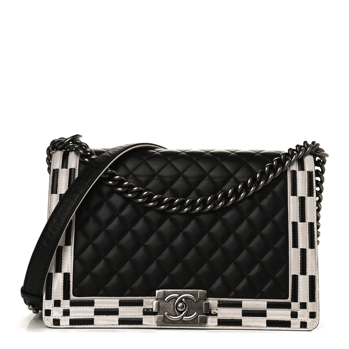 Calfskin Quilted Checkerboard Trim New Medium Boy Flap Black White