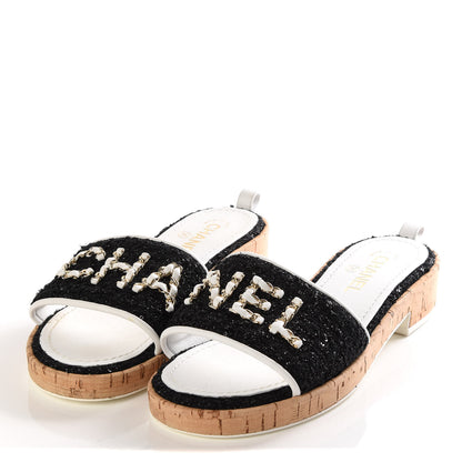 Chanel Tweed Lambskin Logo Mules 39.5 Black 2 of 9