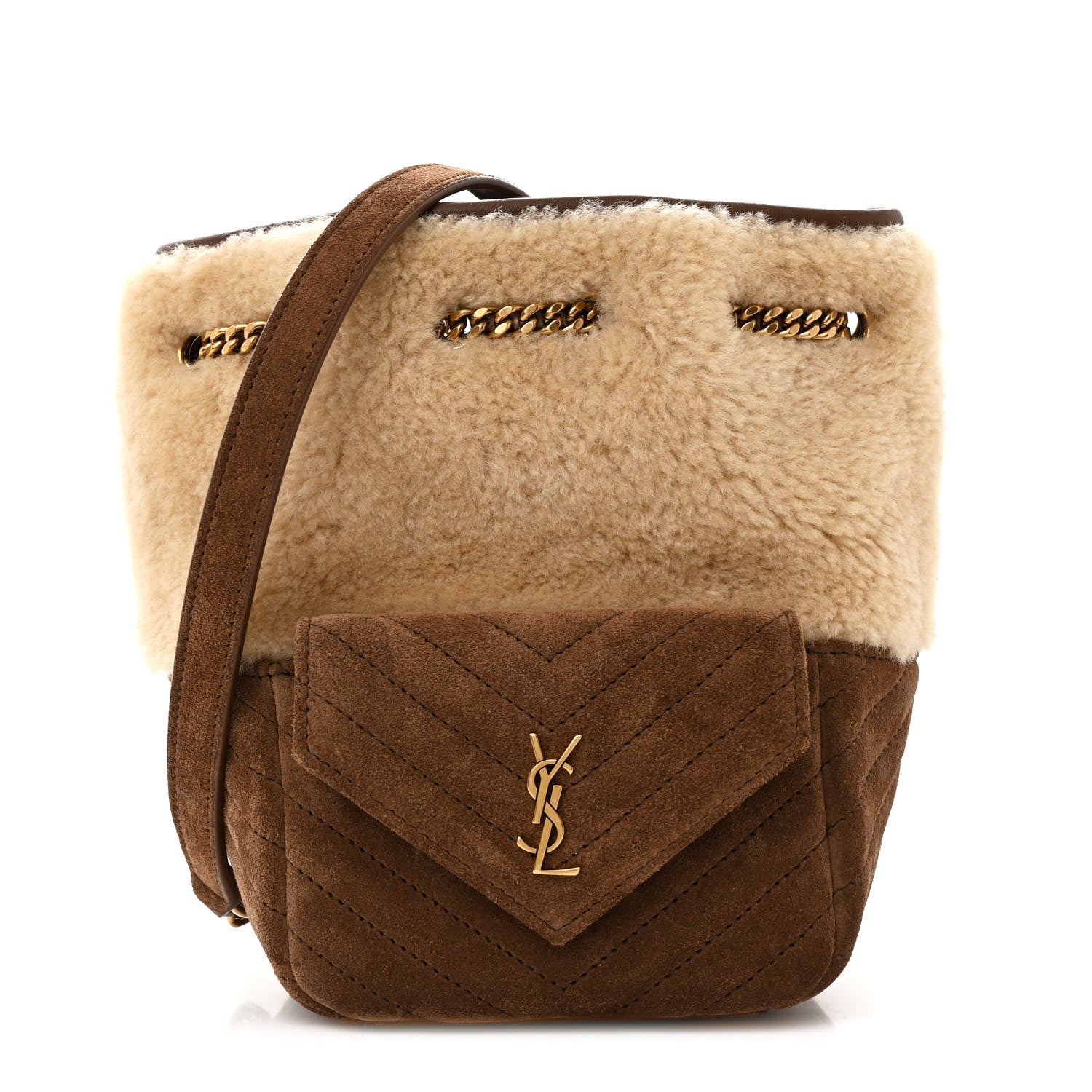 Saint Laurent Shearling Suede Monogram Joe Nano Bucket Bag Natural Beige 1 of 10