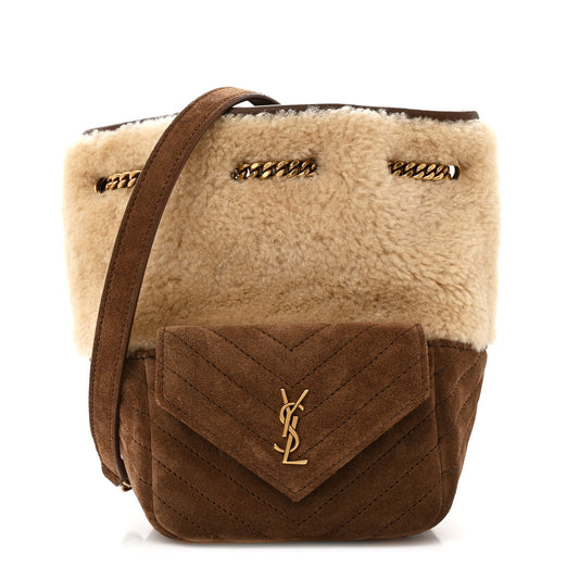 Shearling Suede Monogram Joe Nano Bucket Bag Natural Beige