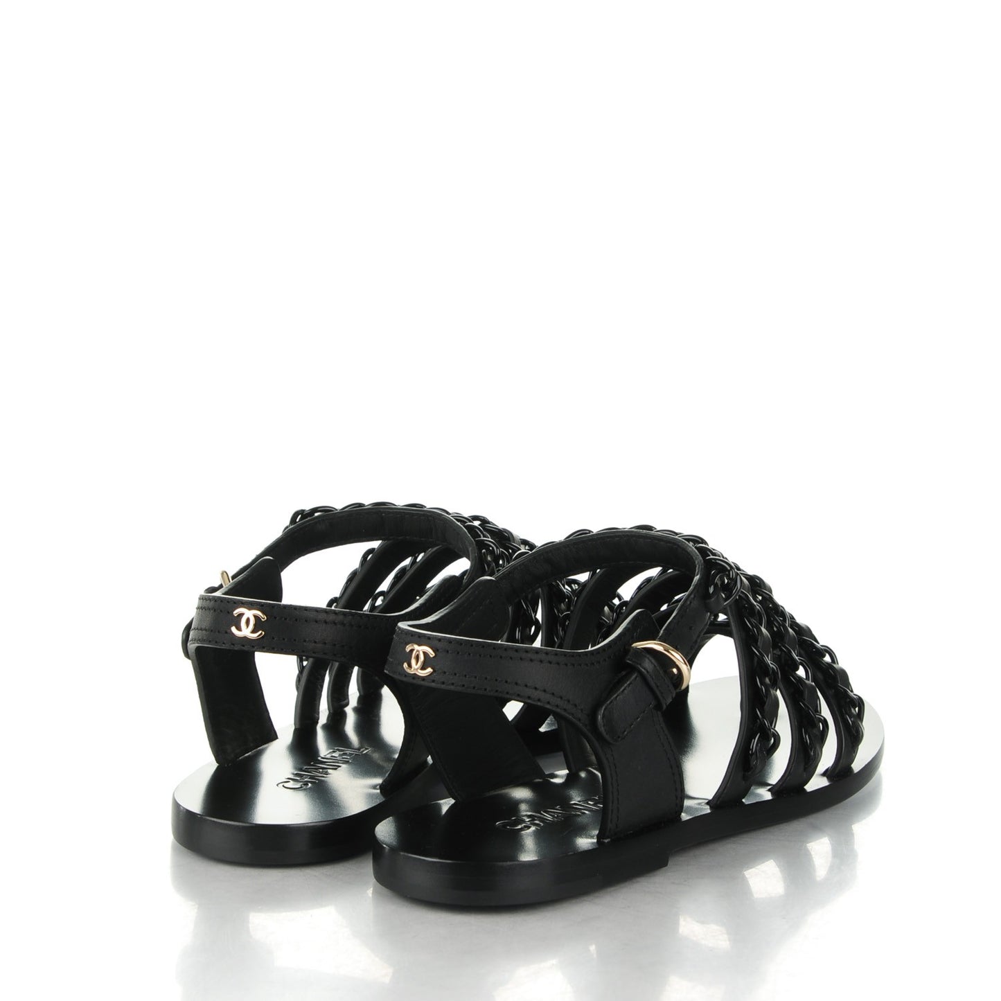 Calfskin Chain Flat Sandals 39 Black