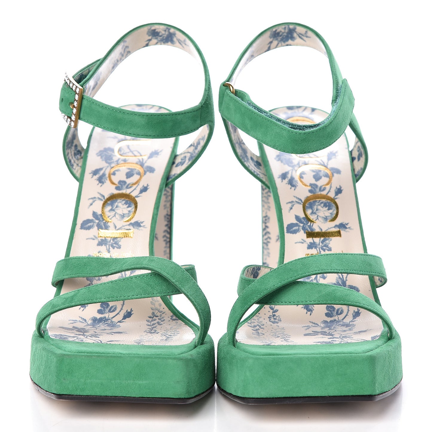 Suede Crystal Buckle Platform Sandals 39.5 Green