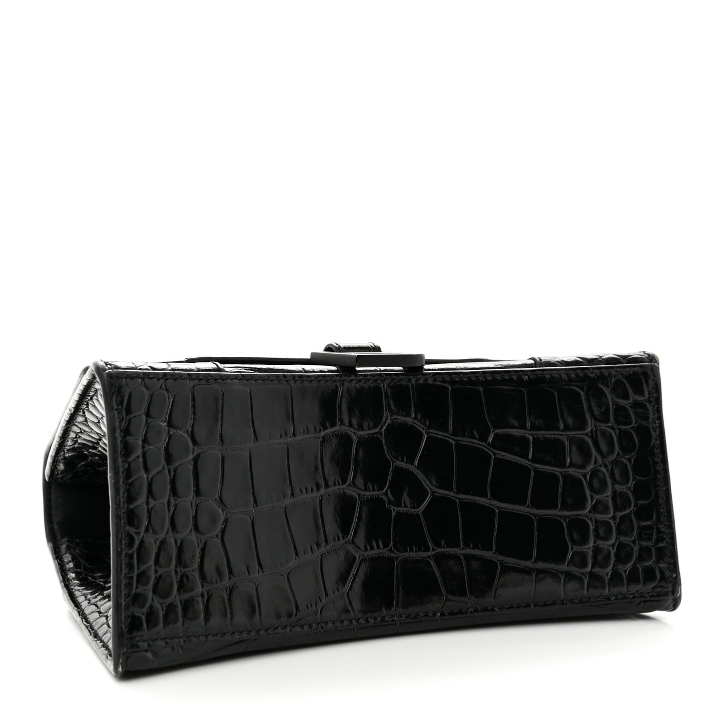 Shiny Calfskin Monochrome Crocodile Embossed Small Hourglass Top Handle Bag Black
