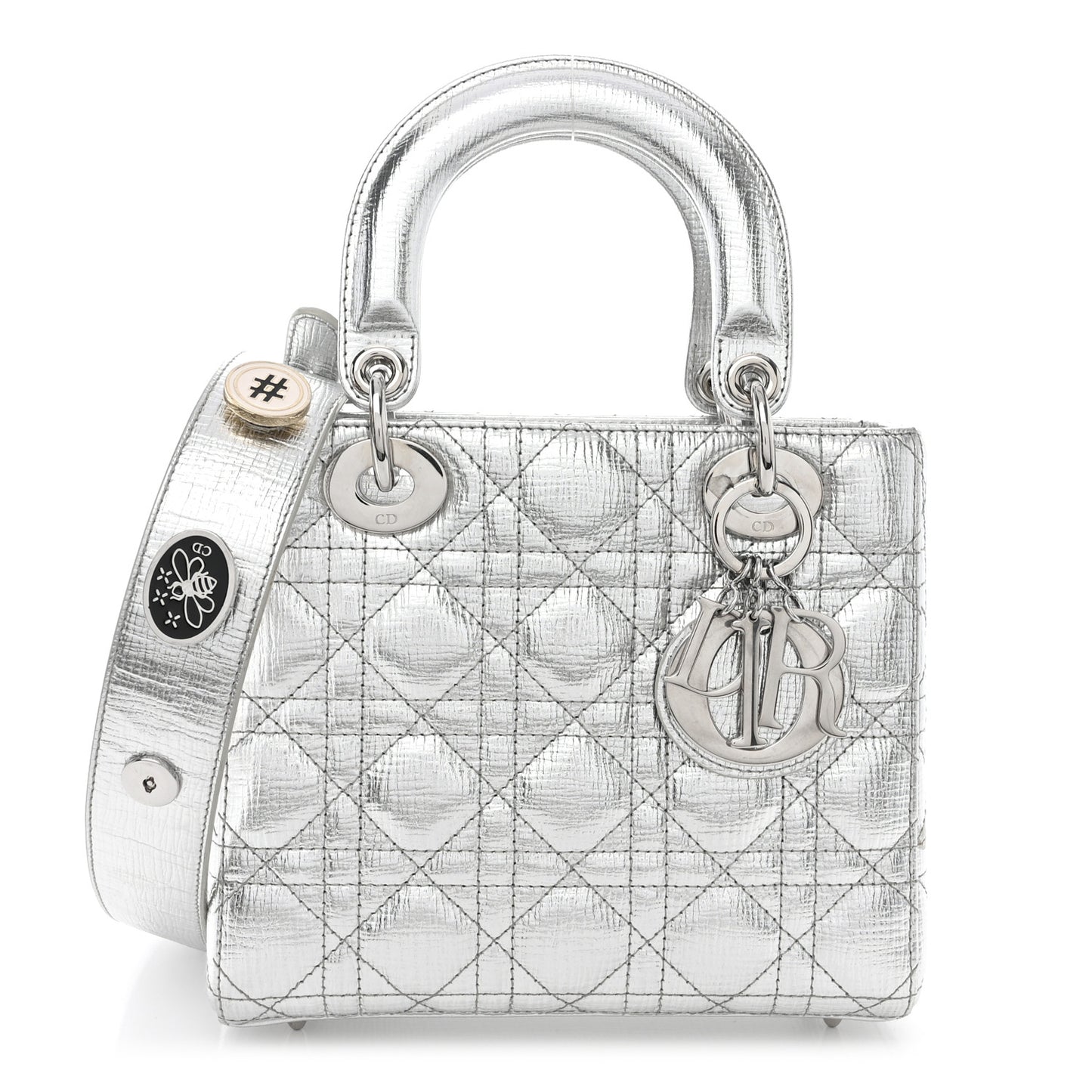 Metallic Grained Calfskin Cannage Small Lucky Badges My Lady Dior Silver