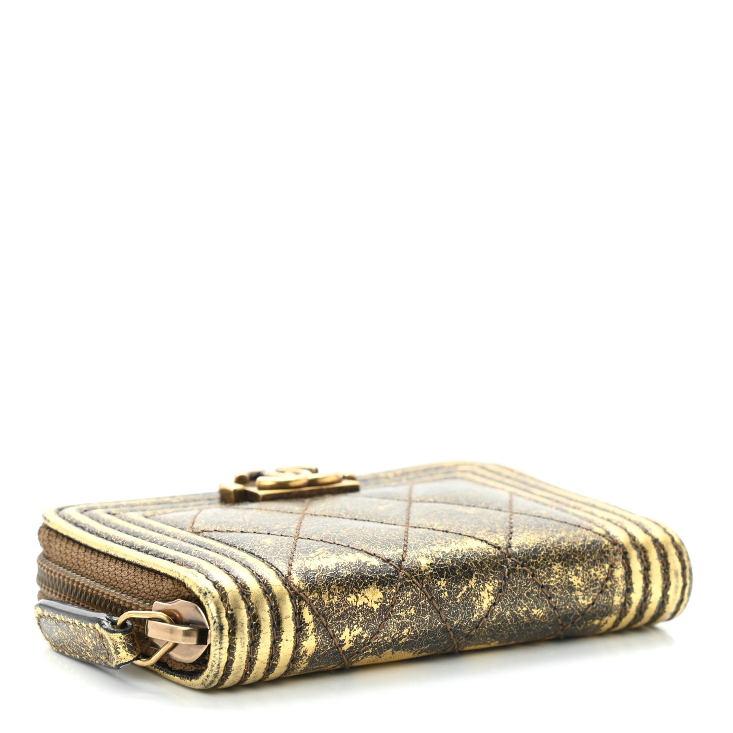 Cracked Metallic Calfskin Quilted Boy Zip Around Coin Purse Wallet Gold