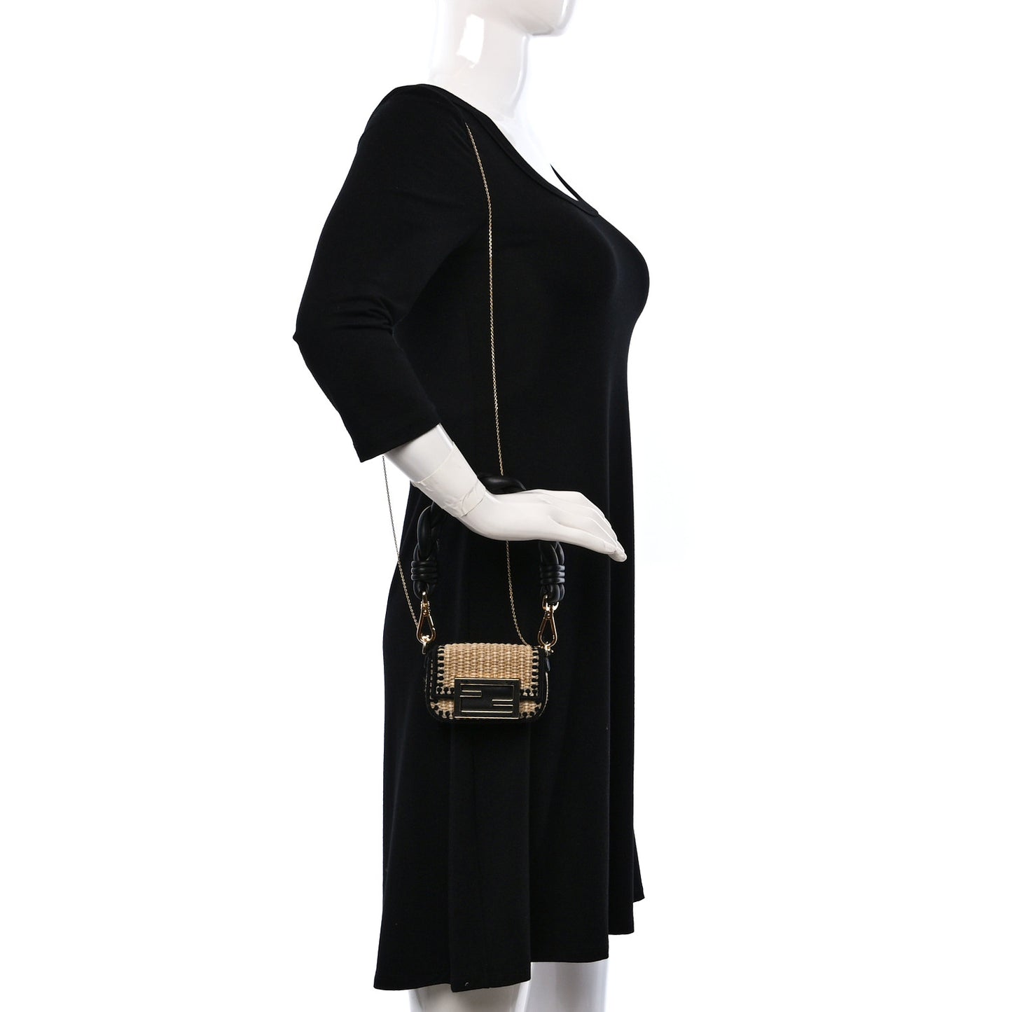 Straw Shiny Nappa Woven Nano Baguette Maxi Handle Charm Natural Black