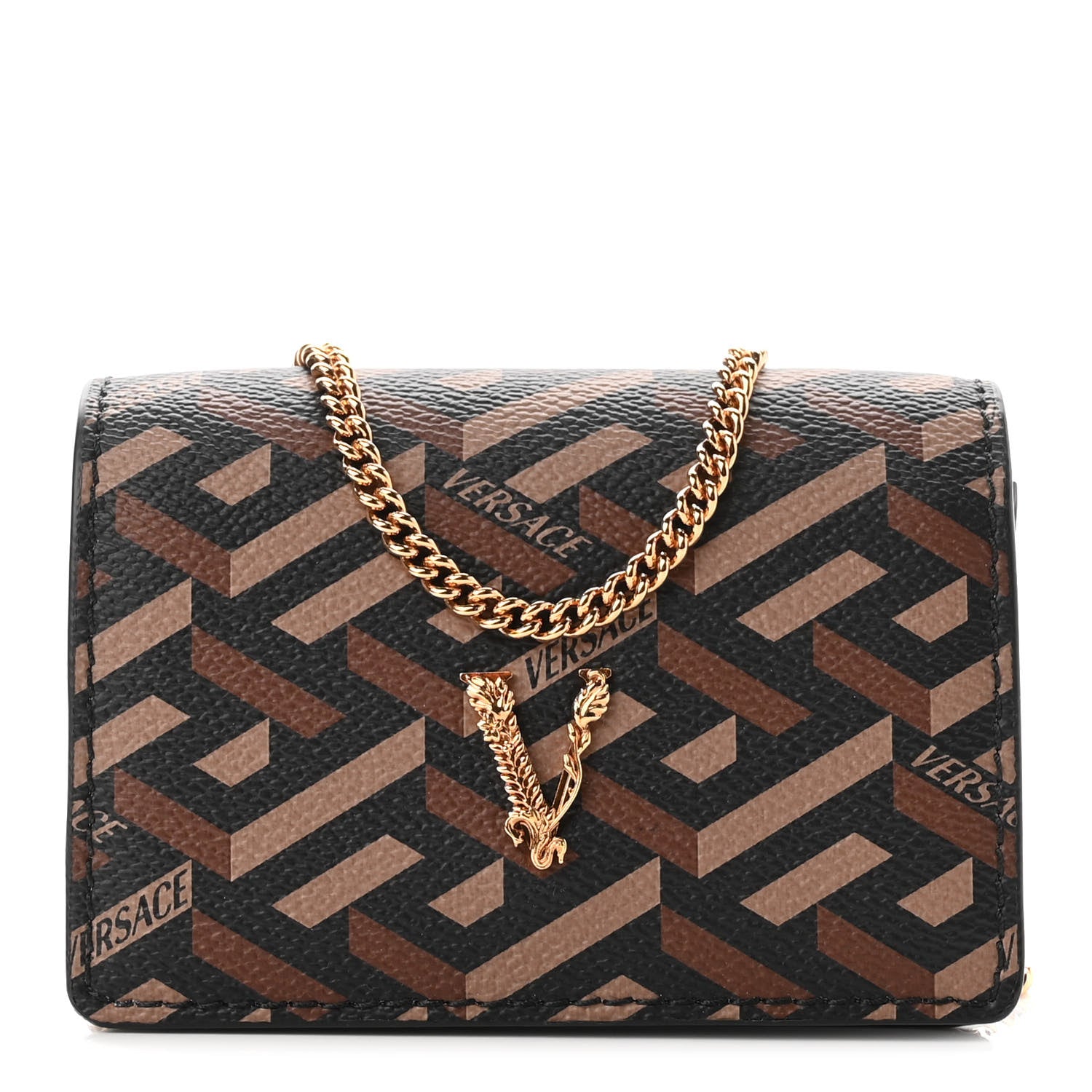 Versace Coated Canvas La Greca Signature Print Virtus Mini Chain Bag Black Caramel 1 of 7