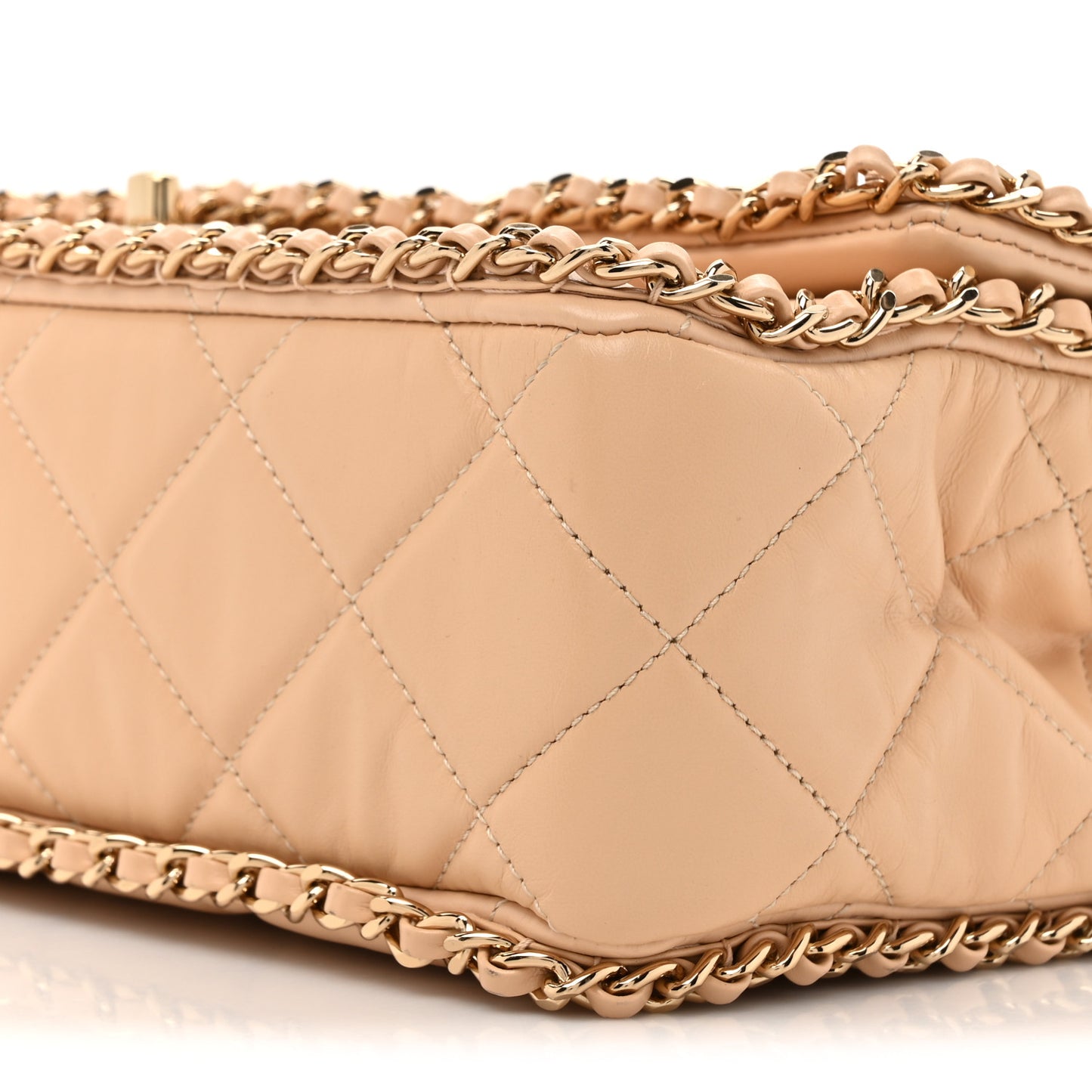 Crumpled Calfskin Quilted Large Chain All Over Flap Bag Beige