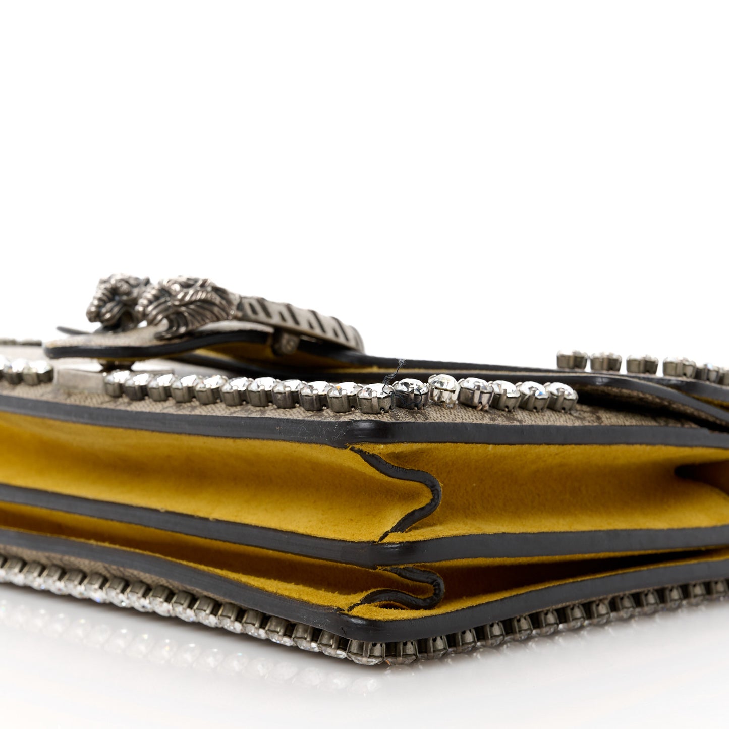 GG Supreme Monogram Suede Crystal Small Dionysus Shoulder Bag Beige Ebony Yellow