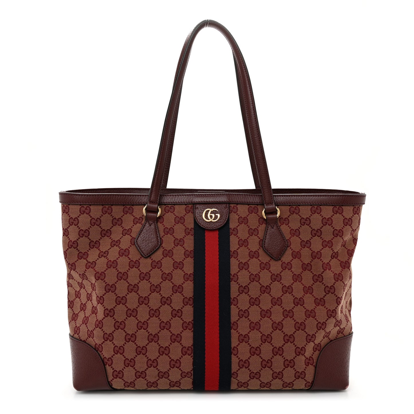 Monogram Textured Dollar Calfskin Web Medium Ophidia Shopping Tote Sahara Rubino Chardonnay