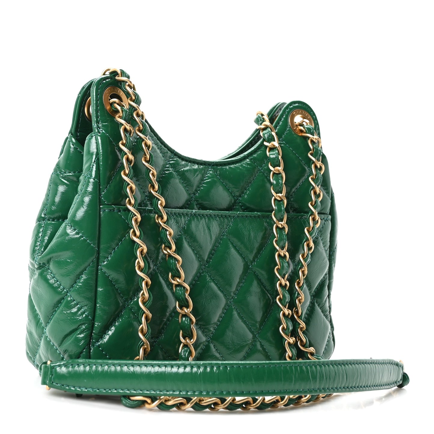 Shiny Crumpled Calfskin Quilted Small Wavy CC Hobo Green