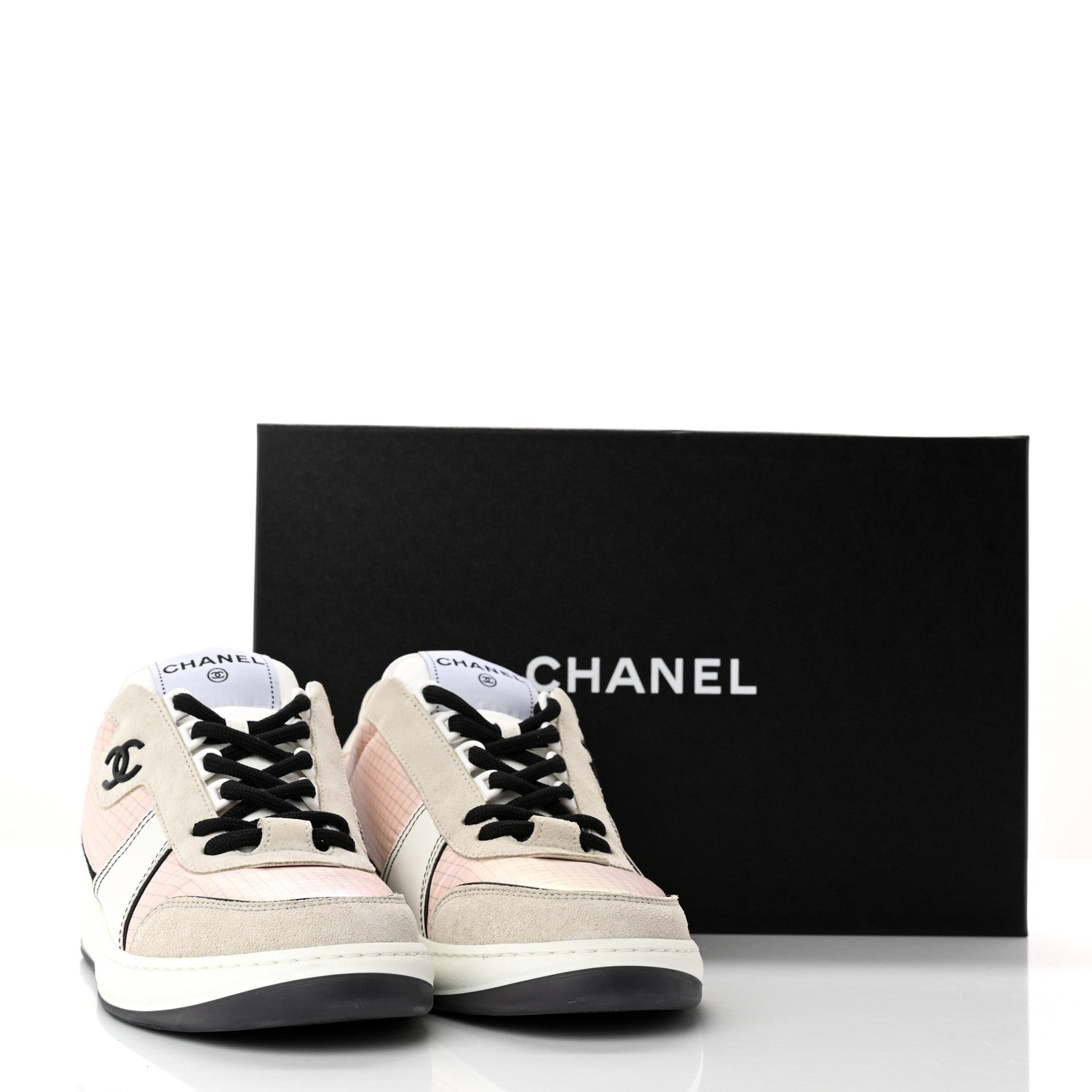 Chanel Suede Fabric Calfskin Womens CC Sneakers 37.5 Pink Gray White 11 of 11