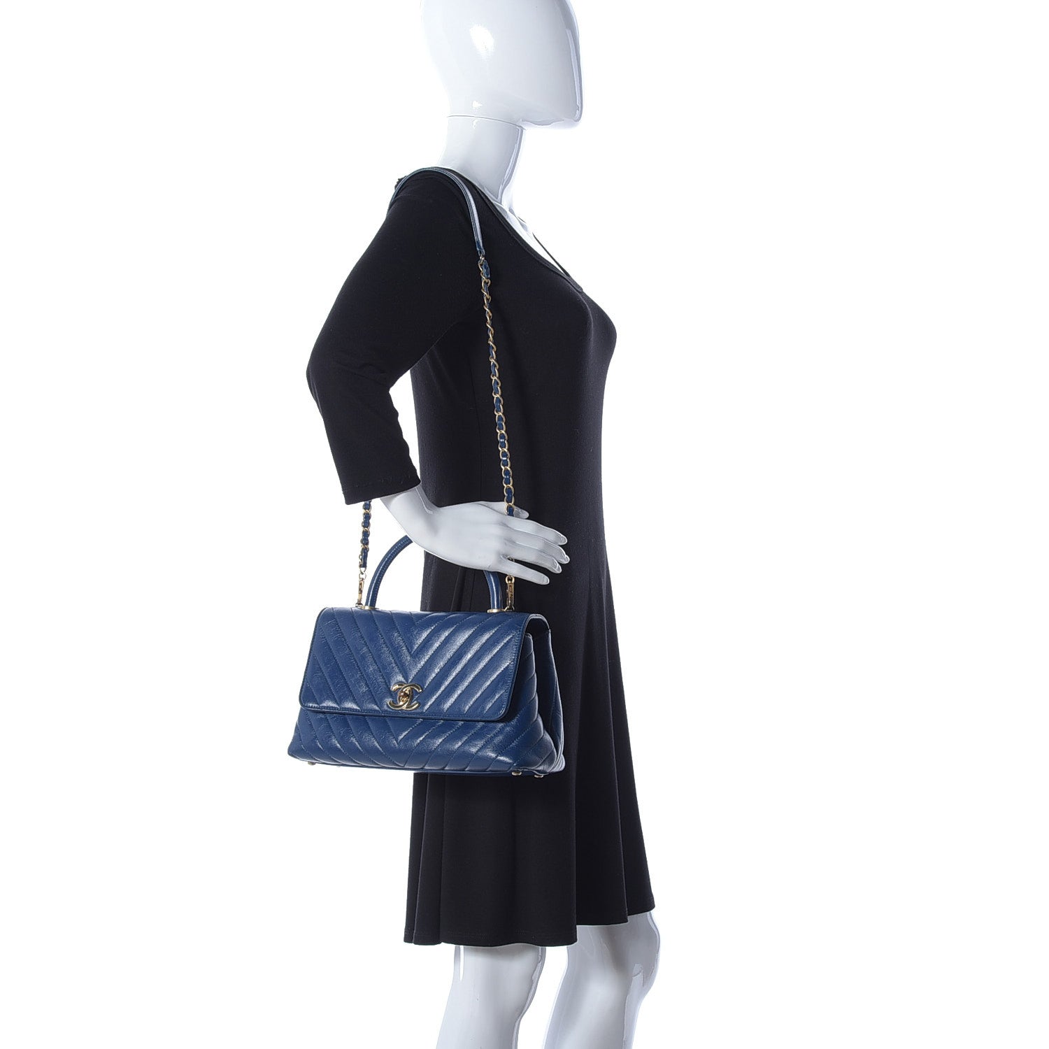 Chanel Calfskin Chevron Quilted Small Coco Handle Flap Blue 2 of 10