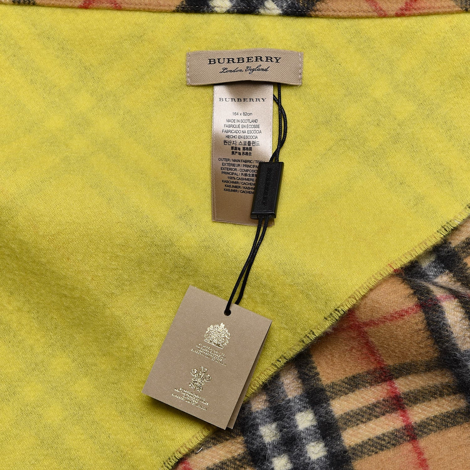 Burberry Cashmere Fluorescent Vintage Check Bandana Scarf Bright Lemon 3 of 3