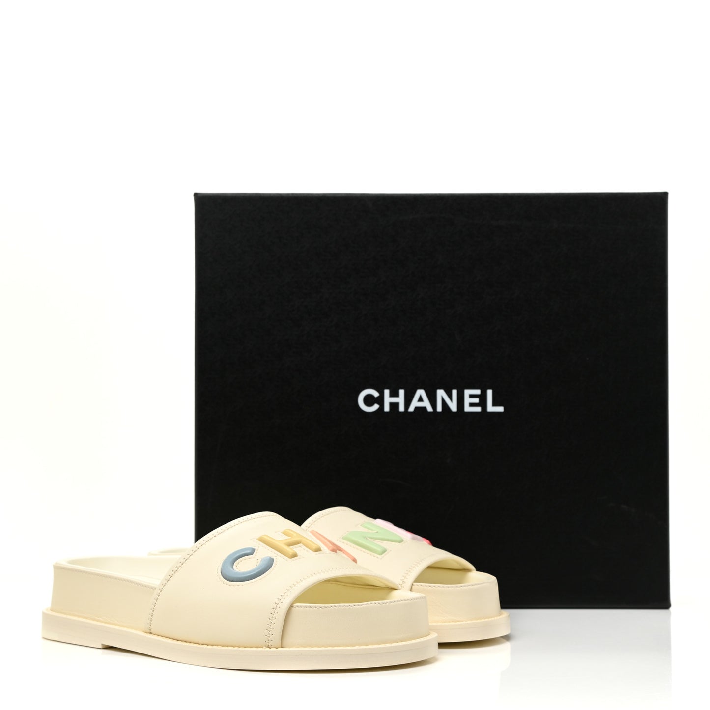 Lambskin Cha-Nel Mule Sandals 37 Ivory Multicolor