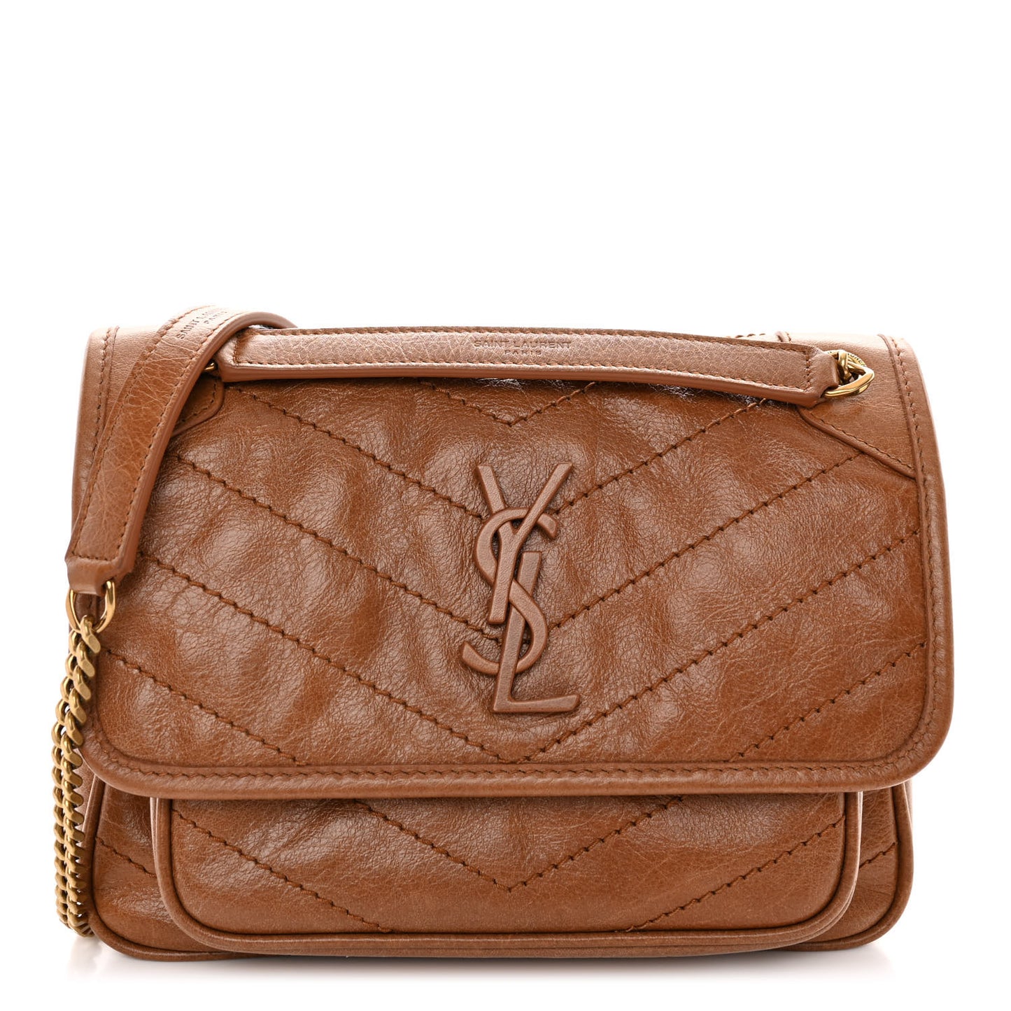 Crinkled Calfskin Matelasse Monogram Baby Niki Chain Satchel Light Caramel