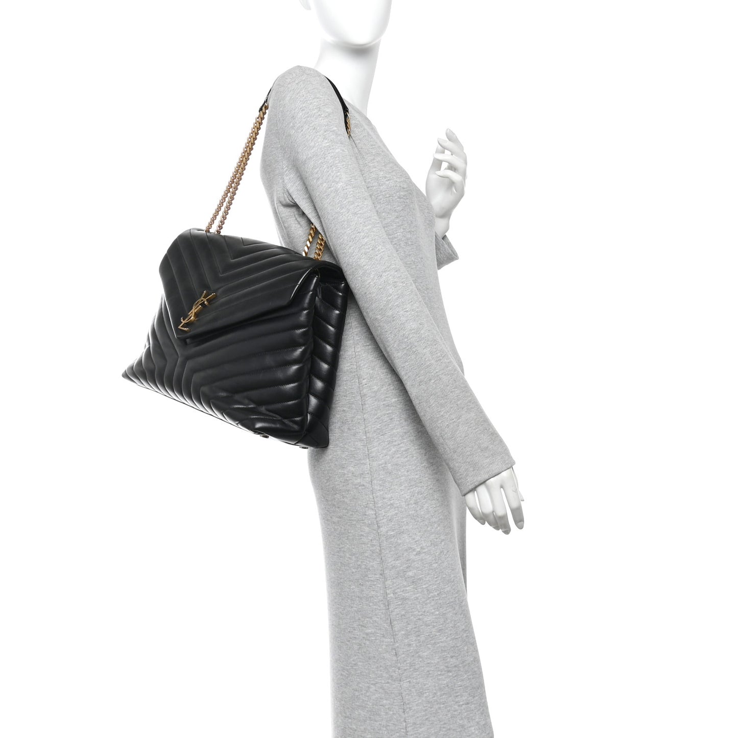 Calfskin Y Quilted Monogram Large Loulou Chain Satchel  Black