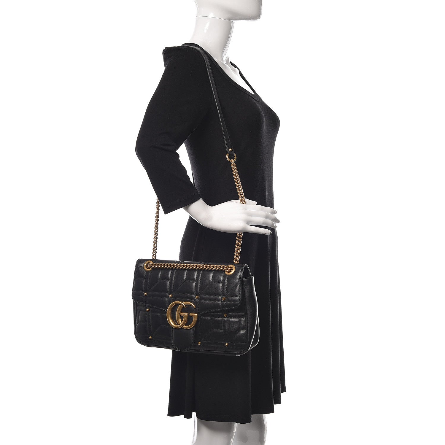 Gucci Calfskin Matelasse Studded Medium GG Marmont Shoulder Bag Black 2 of 15