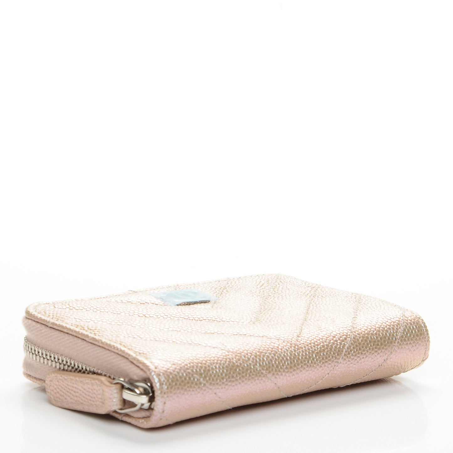 Metallic Caviar Chevron Quilted Zip Around Coin Purse Light Gold
