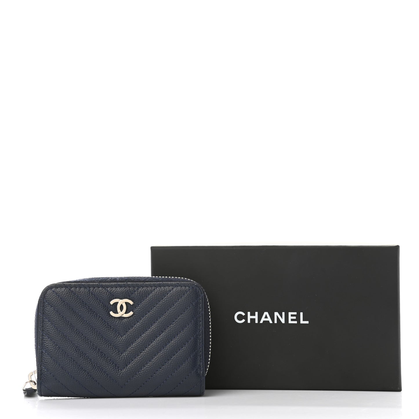 Caviar Chevron Quilted Zip Around Coin Purse Navy Blue