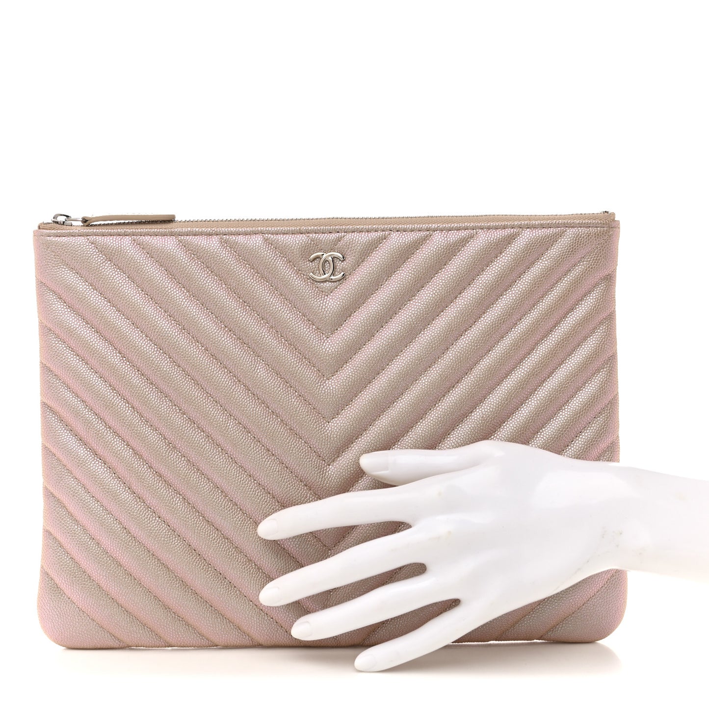 Iridescent Caviar Chevron Quilted Medium Cosmetic Case Light Gold