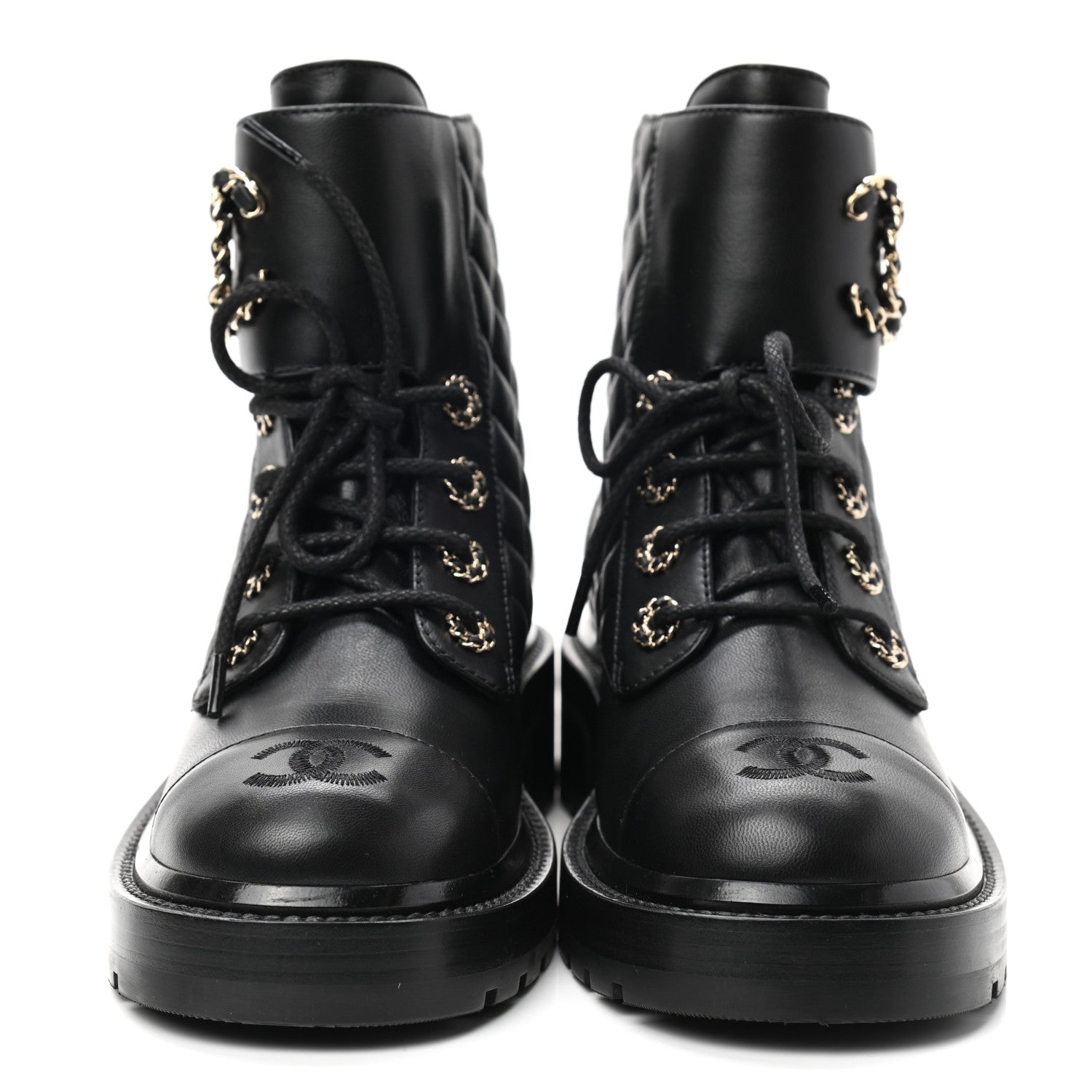 Chanel Shiny Lambskin Quilted Lace Up Combat Boots 37 Black 2 of 8