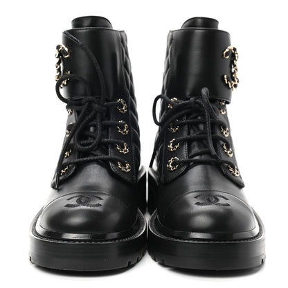 Chanel Shiny Lambskin Quilted Lace Up Combat Boots 37 Black 2 of 8