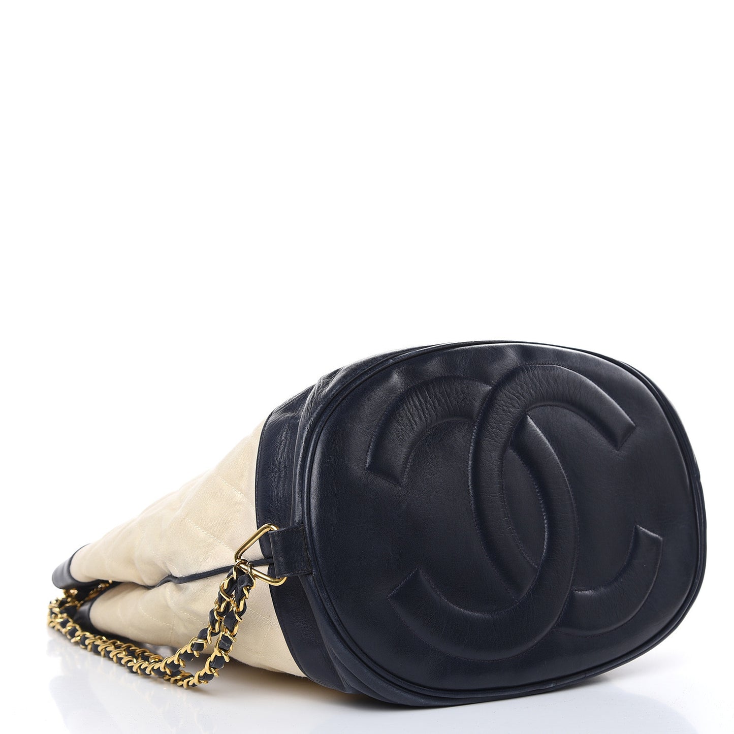 Lambskin Canvas Quilted CC Drawstring Shoulder Bag Beige Navy